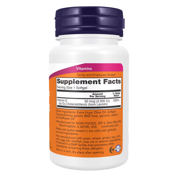 NOW Supplements, Vitamin D-3 2,000 IU, High Potency, Structural Support*, 240 Softgels