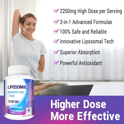 Liposomal Trans-Resveratrol 1700mg + TMG 500mg Complex (2200mg High-Dose) – Advanced Anti-Aging, NAD+ & Cellular Repair – 120 Softgels