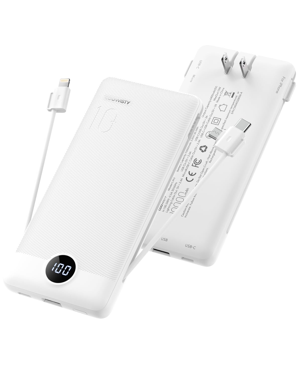 Portable Charger with Wall Plug, Slim USB C Power Bank with Built-in Cables, 10000mah LED Display External Battery Pack Compatible with iPhone/Android & More (Black)
