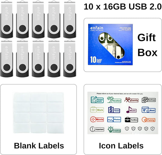Enfain 16GB USB 2.0 Flash Drive 10 Pack | Swivel Thumb Drives with 31 Labels | Gift-Ready Packaging for Corporate Events, Office & Team Distributions (Black)