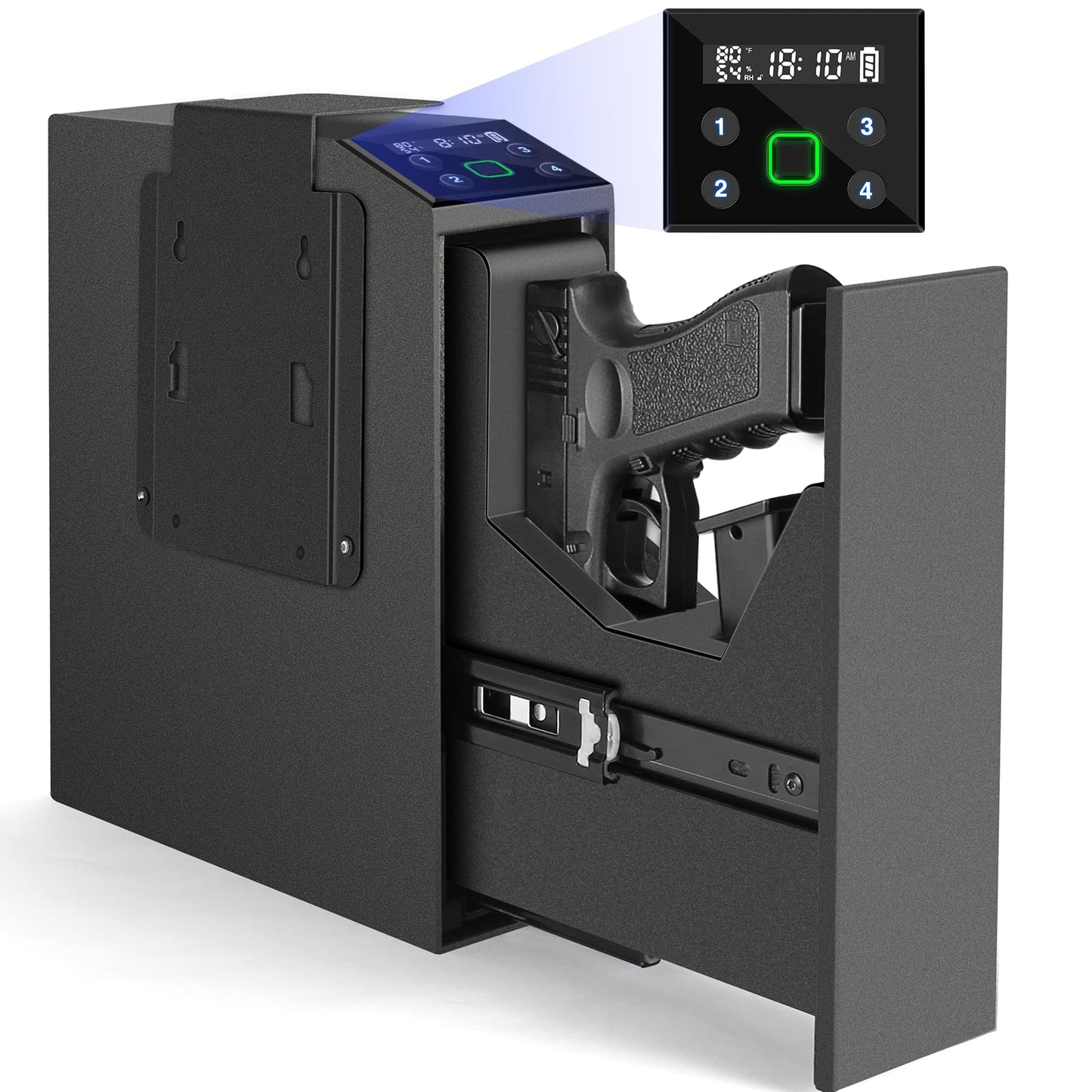 Biometric Slider Handgun Gun Safe for Nightstand, Desk, Bed Side,Truck - Auto Sliding Door Hand Gun Safe for Pistol -with Fingerprint, PIN Code, KEY Access