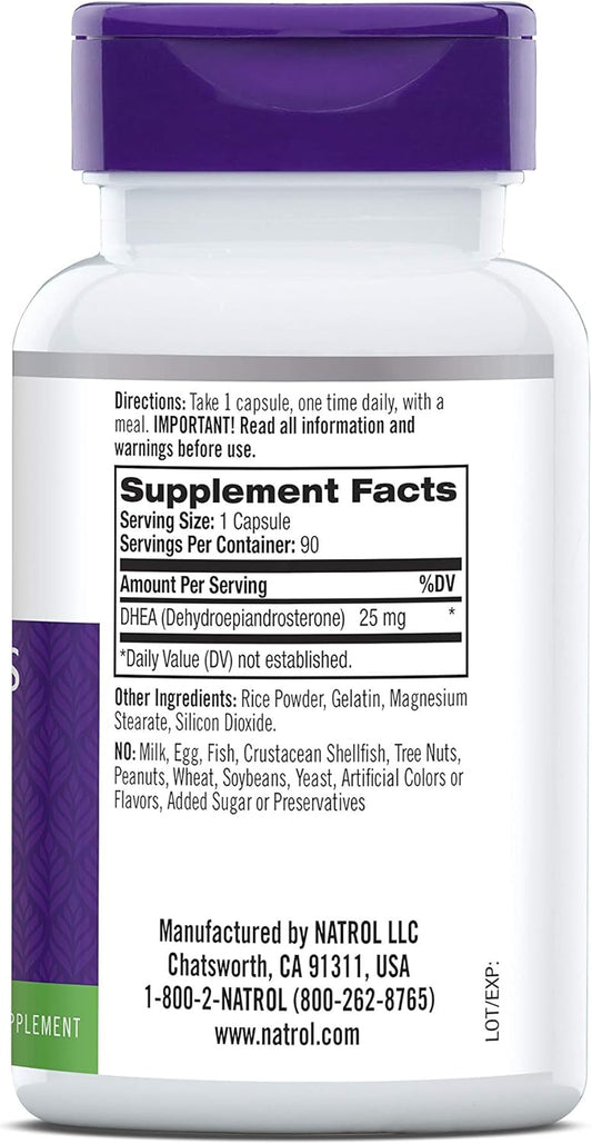 Natrol DHEA 25mg Capsules – Hormone Balance & Mood Support Supplement (90 Count)