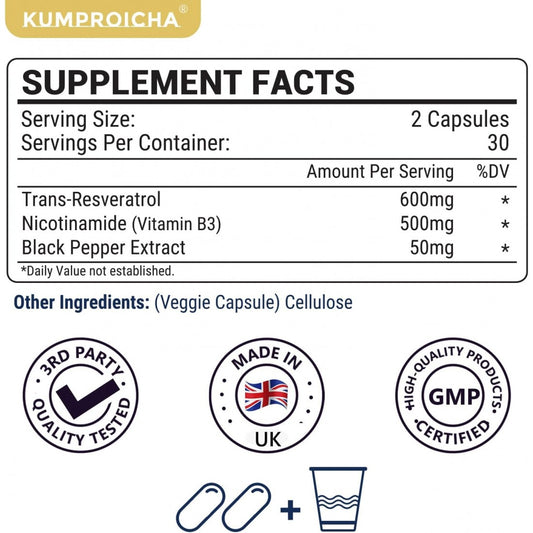 KUMPROICHA NMN + Trans-Resveratrol Complex (1100mg) – Premium Anti-Aging, Cellular Repair & Energy Support – 60 Vegan Capsules