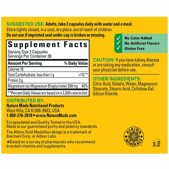 Nature Made Magnesium Glycinate 200 mg Per Serving Capsules, Dietary 80008000, 60 Count