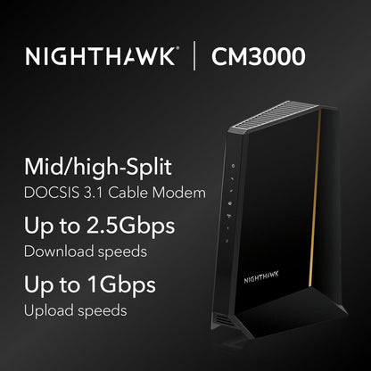 NETGEAR Nighthawk DOCSIS 3.1 Mid/high-Split Cable Modem (CM3000) – Approved for Today’s Fastest Speeds - Works with All Providers Incl. Xfinity, Spectrum, Cox - for Plans up to 2.5Gbps