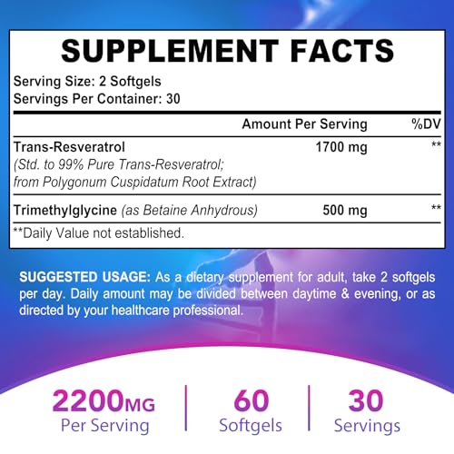 Liposomal Trans-Resveratrol 1700mg + TMG 500mg Complex (2200mg High-Dose) – Advanced Anti-Aging, NAD+ & Cellular Repair – 120 Softgels