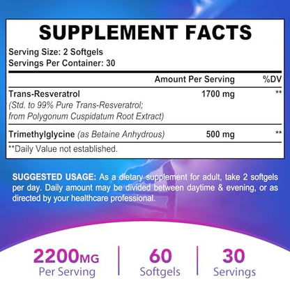 Liposomal Trans-Resveratrol 1700mg + TMG 500mg Complex (2200mg High-Dose) – Advanced Anti-Aging, NAD+ & Cellular Repair – 120 Softgels