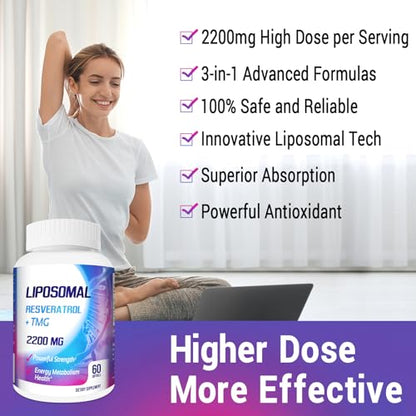 Liposomal Trans-Resveratrol 1700mg + TMG 500mg Complex (2200mg High-Dose) – Advanced Anti-Aging, NAD+ & Cellular Repair – 120 Softgels