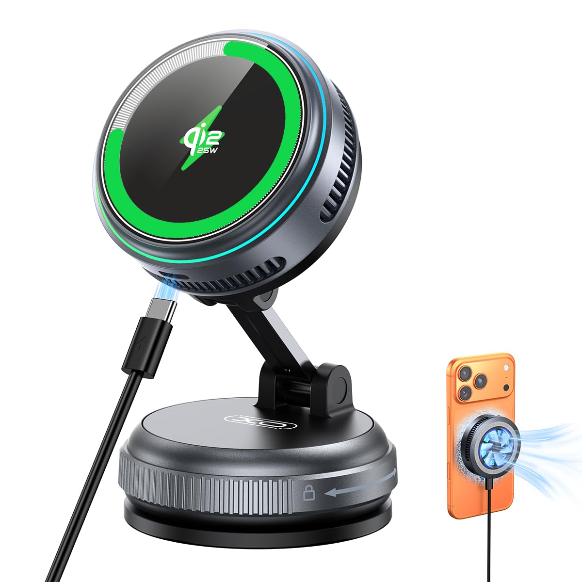 Qi2.2 Wireless Charger【25W Fast Charging+Cooling Fan】 Magnetic Charger Pad with 2 Modes,LED Light Phone Holder Fast Charging Compatible with iphone17/16/15/14/13/12 Series