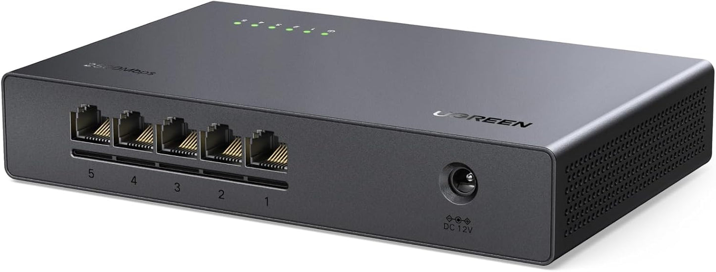 UGREEN 2.5Gb Switch, 5-Port Ethernet Switch, 5 x 2.5Gb Uplink, Plug & Play, Unmanaged Ethernet Splitter, Desktop/Wall Mount Network Hub, with LED, Fanless Quiet, for NAS, PC, Game Console