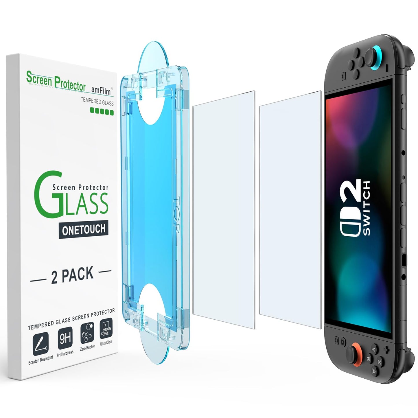 amFilm Auto-Alignment OneTouch for Nintendo Switch 2 Screen Protector [7.9''] 2025 Tempered Glass, Accessories, 30 seconds Installation, Bubble Free, Scratch Resistant, Touch Sensitive, Transparent [2 Pack]