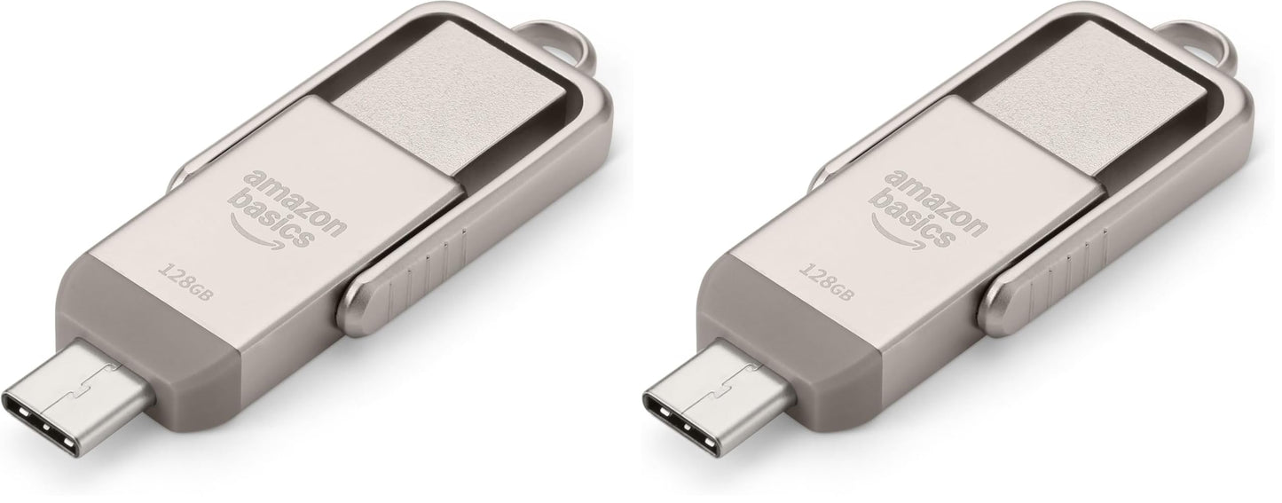 Amazon Basics 128GB USB Flash Drive, Thumb Drive Memory Stick with USB C and USB A Dual Ports, Champagne Silver