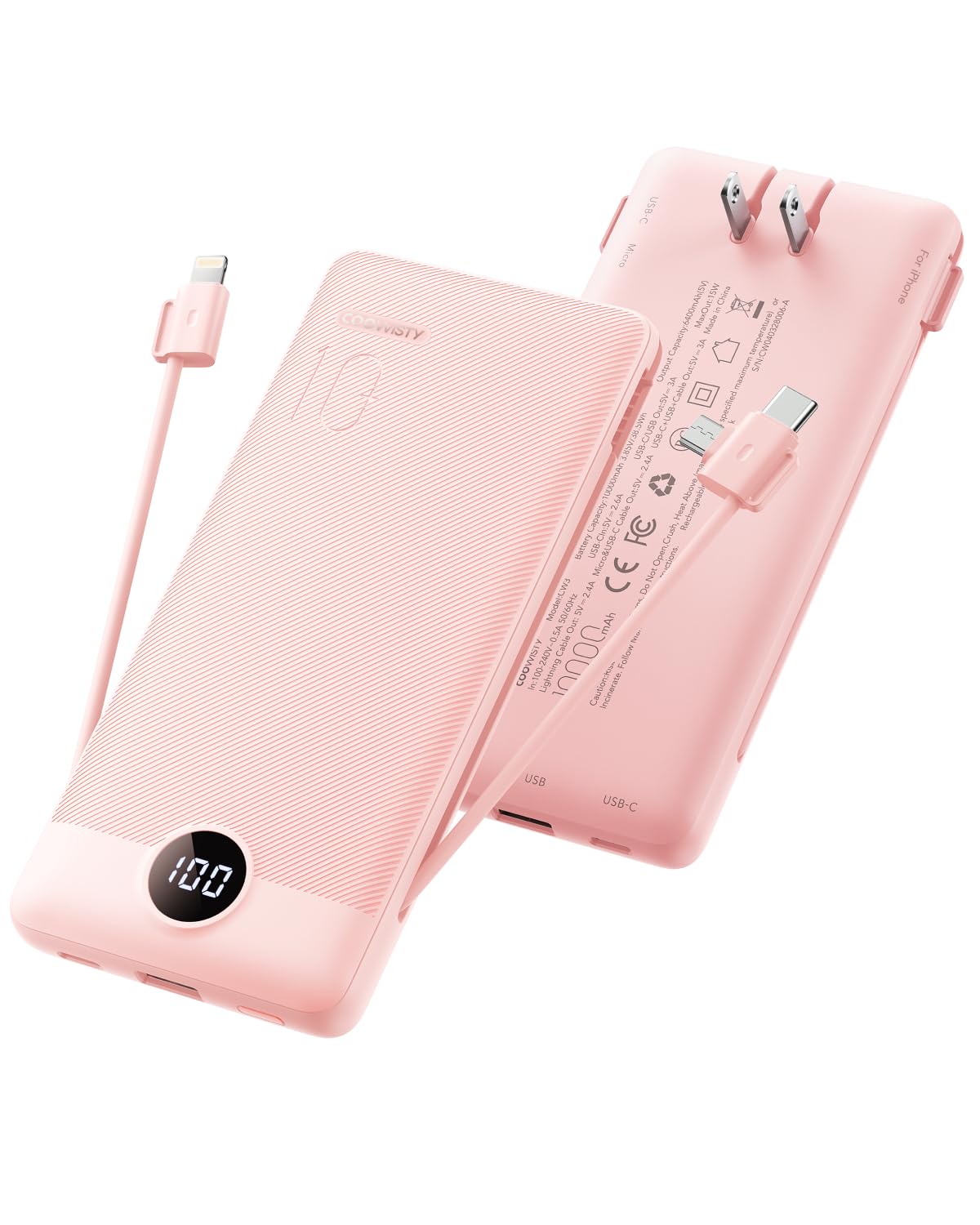 Portable Charger with Wall Plug, Slim USB C Power Bank with Built-in Cables, 10000mah LED Display External Battery Pack Compatible with iPhone/Android & More (Black)