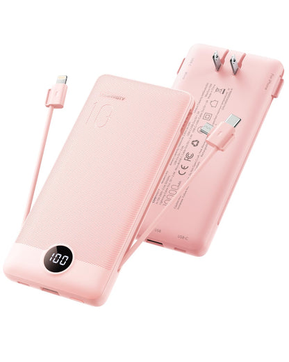Portable Charger with Wall Plug, Slim USB C Power Bank with Built-in Cables, 10000mah LED Display External Battery Pack Compatible with iPhone/Android & More (Black)