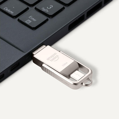 Amazon Basics 128GB USB Flash Drive, Thumb Drive Memory Stick with USB C and USB A Dual Ports, Champagne Silver