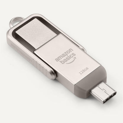 Amazon Basics 128GB USB Flash Drive, Thumb Drive Memory Stick with USB C and USB A Dual Ports, Champagne Silver