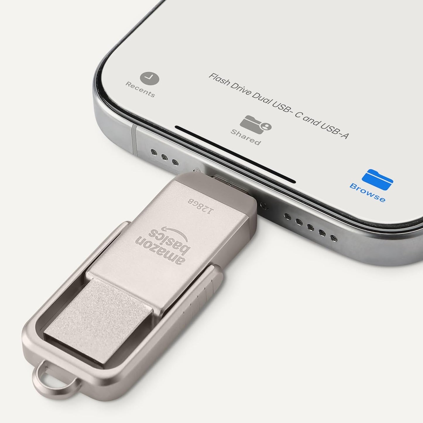 Amazon Basics 128GB USB Flash Drive, Thumb Drive Memory Stick with USB C and USB A Dual Ports, Champagne Silver
