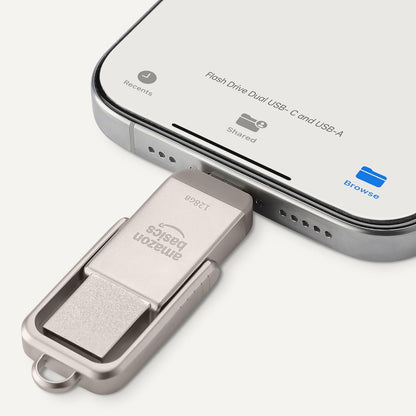 Amazon Basics 128GB USB Flash Drive, Thumb Drive Memory Stick with USB C and USB A Dual Ports, Champagne Silver