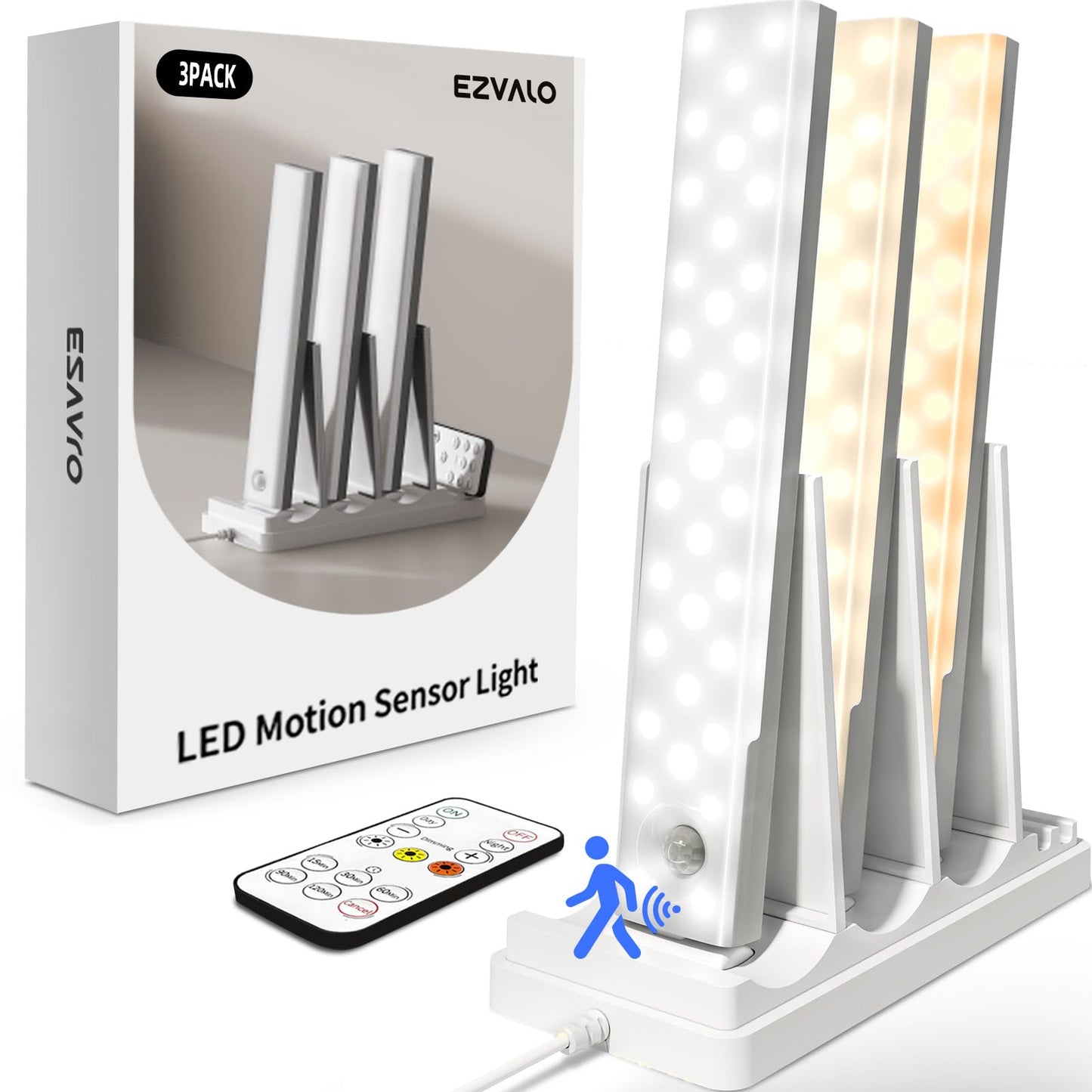 EZVALO 6-Pack Under Cabinet Lighting with Charging Station, 2000mAh Rechargeable Wireless Motion Sensor Lights, 3 Color Temps, Dimmable, Timer, Magnetic, with Remote Control for Kitchen, Closet, Stair