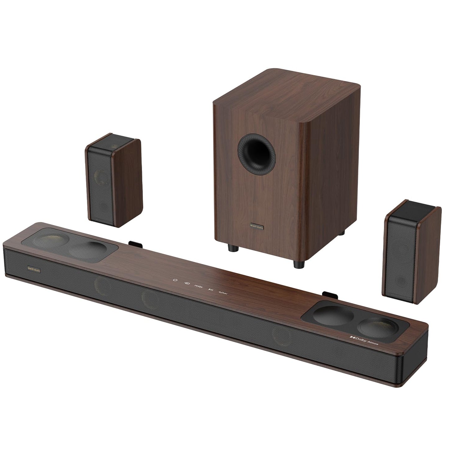 Flagship 5.1.4 Hi-Fi Surround Sound System with Dolby Atmos, Center Speaker with 4 Surrounds, 25 Hz Subwoofer, 900W Home Theater Sound Bar for Smart TV, HiFi-Grade Crossover, Color: Wood