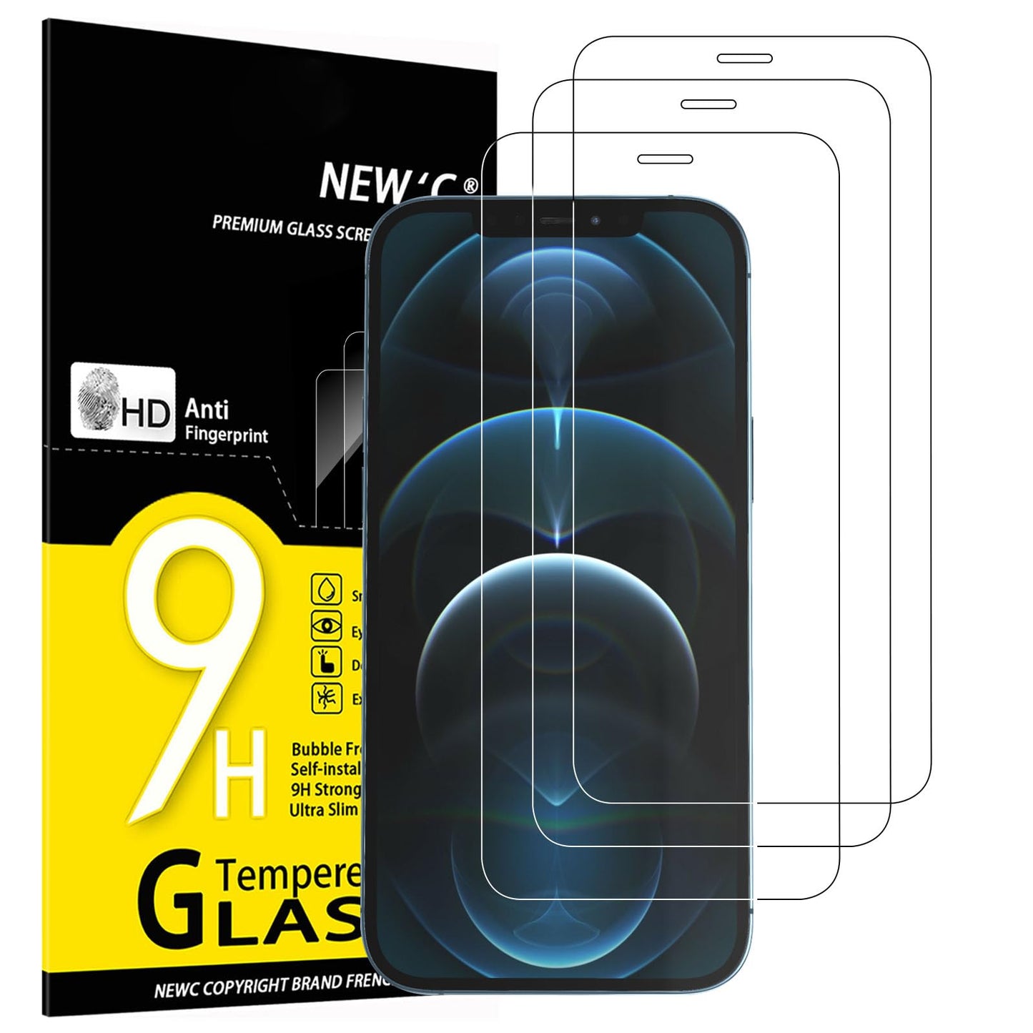 NEW'C 3 Pack Designed for iPhone 12,iPhone 12 Pro Screen Protector (6.1"), Enhanced Tempered Glass Protection, Case Friendly Bubble Free Ultra Resistant