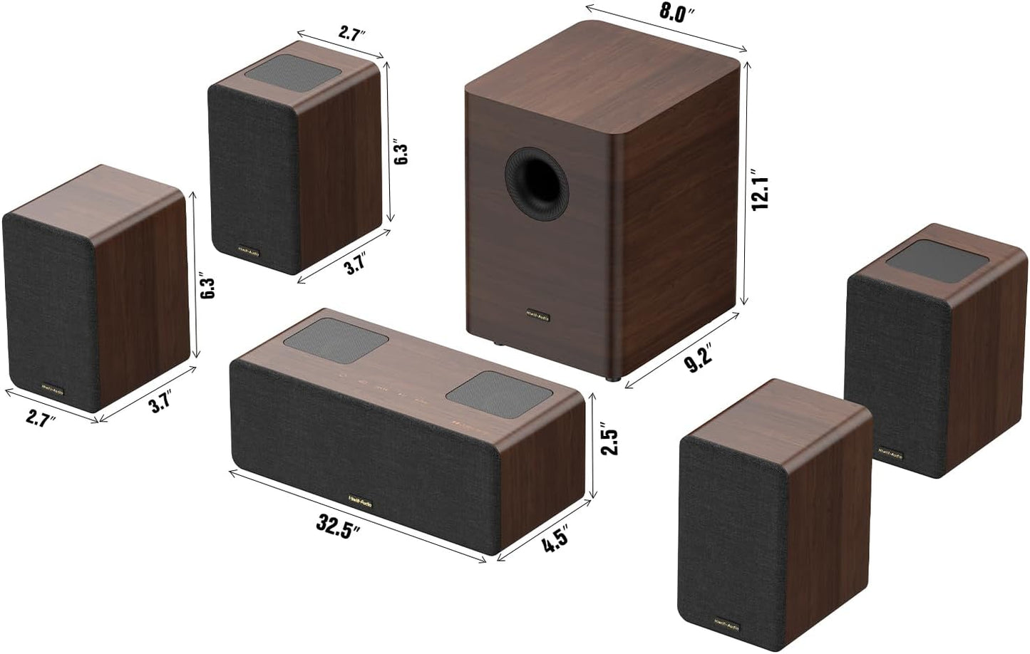 Flagship 5.1.4 Hi-Fi Surround Sound System with Dolby Atmos, Center Speaker with 4 Surrounds, 25 Hz Subwoofer, 900W Home Theater Sound Bar for Smart TV, HiFi-Grade Crossover, Color: Wood