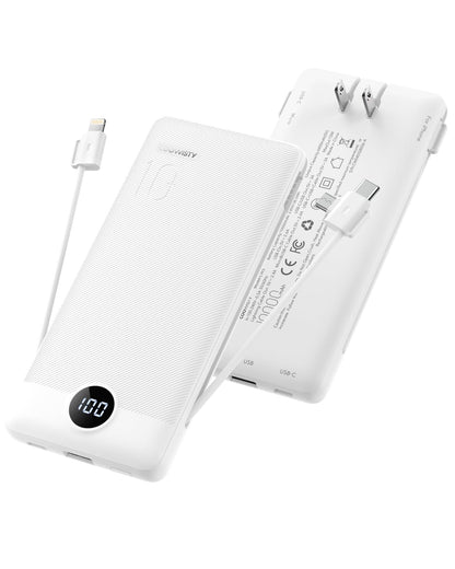 Portable Charger with Wall Plug, Slim USB C Power Bank with Built-in Cables, 10000mah LED Display External Battery Pack Compatible with iPhone/Android & More (Black)
