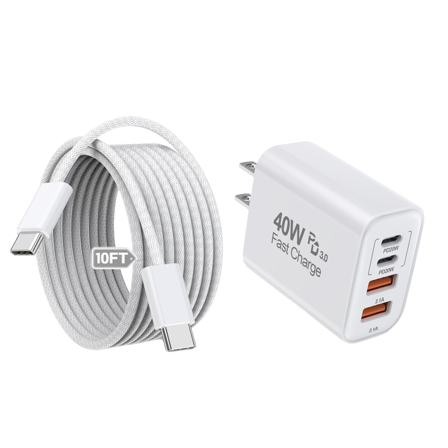 10FT iPhone 17 16 15 Pro Charger,2Pack 10Foot USB C to C Woven Cable Cord 40W USB C Apple Charger 4 Port PD&AC Charge Block Fast Charging for iPhone 17 Air/17 16 15 Pro Max/16e/16 Plus/15/15 Pro/iPad
