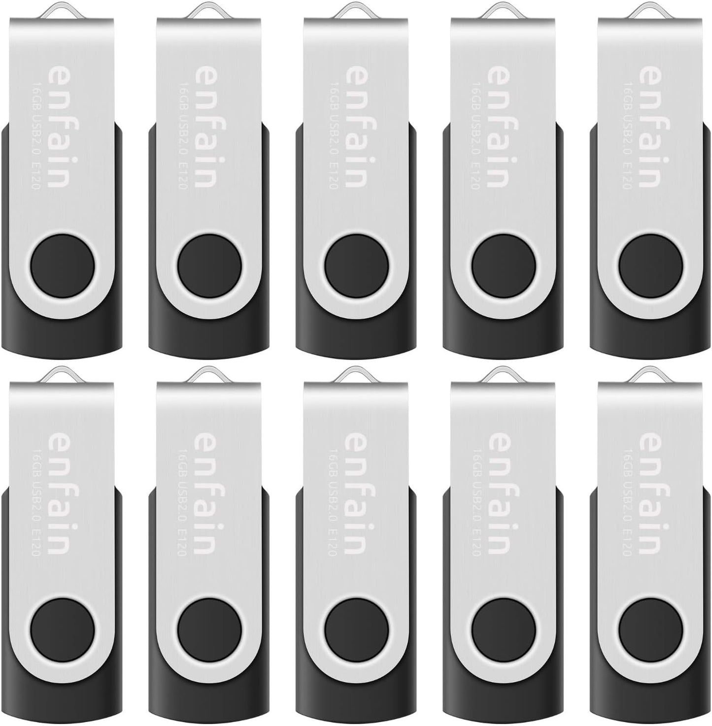 Enfain 16GB USB 2.0 Flash Drive 10 Pack | Swivel Thumb Drives with 31 Labels | Gift-Ready Packaging for Corporate Events, Office & Team Distributions (Black)