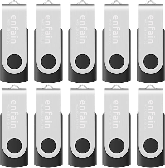 Enfain 16GB USB 2.0 Flash Drive 10 Pack | Swivel Thumb Drives with 31 Labels | Gift-Ready Packaging for Corporate Events, Office & Team Distributions (Black)