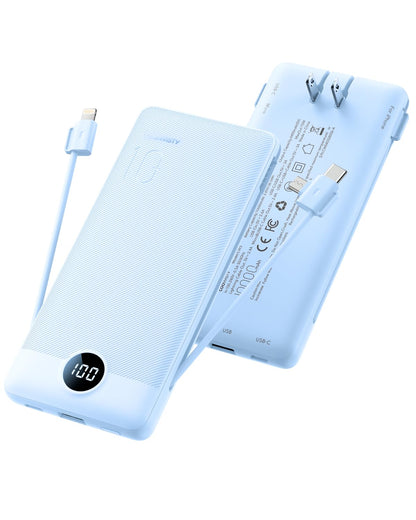 Portable Charger with Wall Plug, Slim USB C Power Bank with Built-in Cables, 10000mah LED Display External Battery Pack Compatible with iPhone/Android & More (Black)