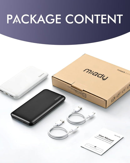 Miady 2-Pack Portable Charger, Slim 10000mAh Power Bank Travel Battery Pack 3 Outputs 2 Inputs Compatible with iPhone 17/16/15/14/13 Galaxy S24/22 iPad Android etc (Black+White)