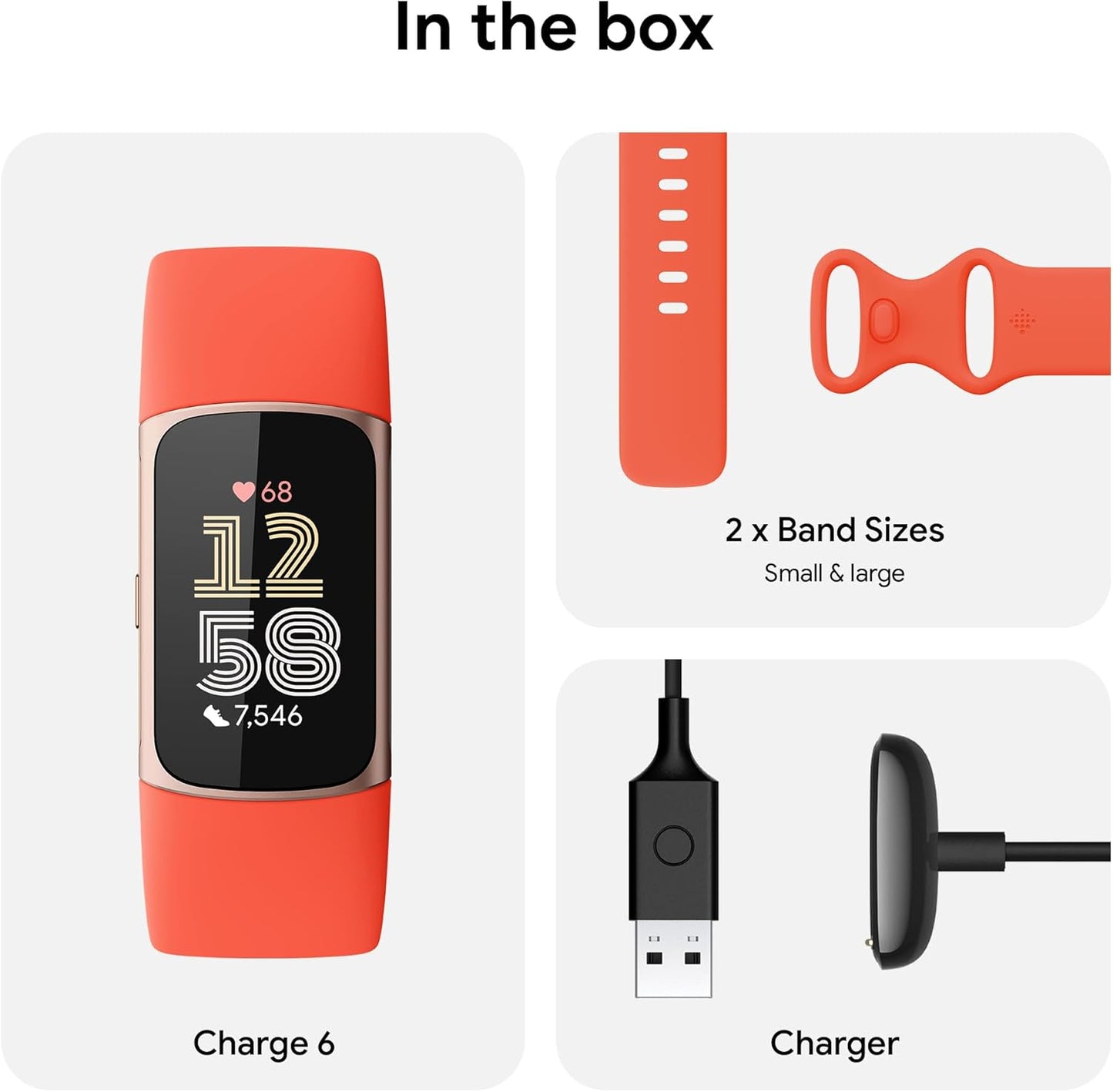Fitbit Charge 6 Fitness Tracker with Google apps, Heart Rate on Exercise Equipment, 6-Months Premium Membership Included, GPS, Health Tools and More, Gold/Coral, One Size (S & L Bands Included)