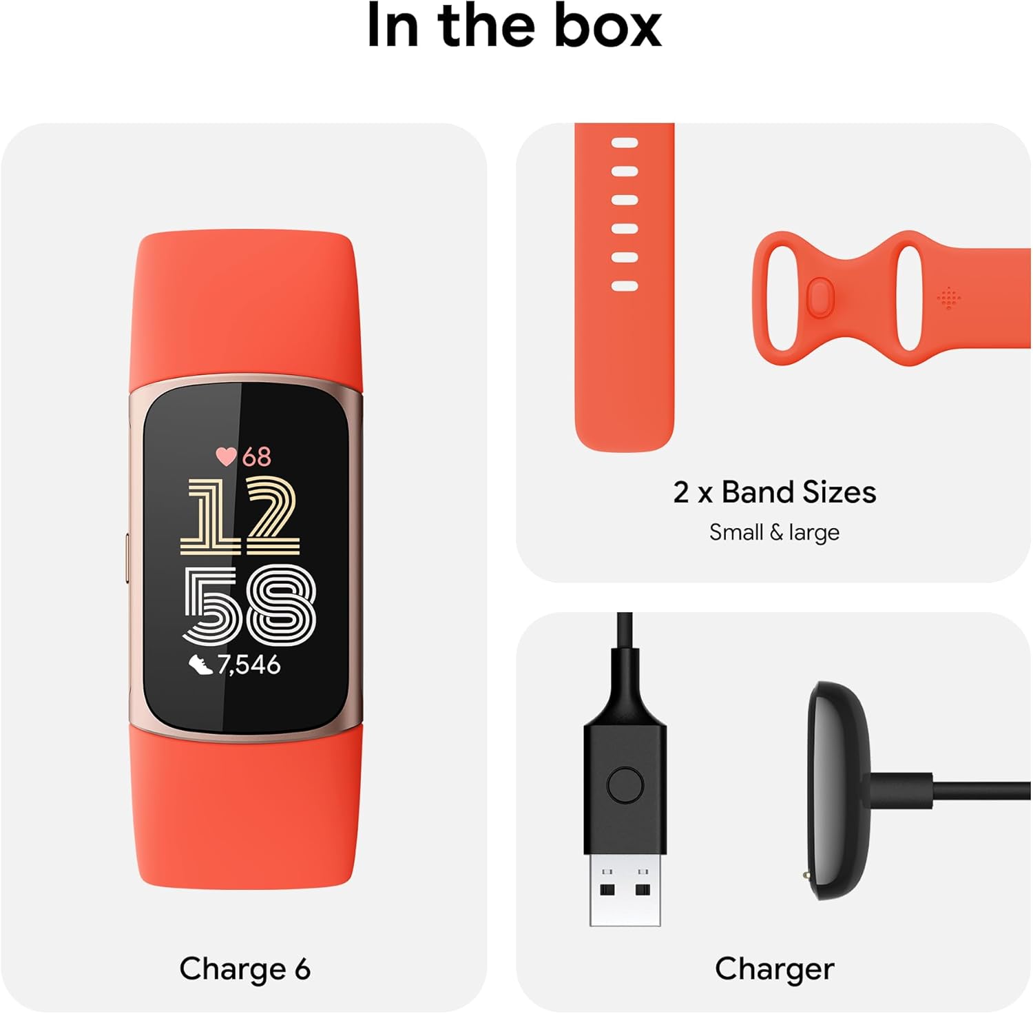 Fitbit Charge 6 Fitness Tracker with Google apps, Heart Rate on Exercise Equipment, 6-Months Premium Membership Included, GPS, Health Tools and More, Gold/Coral, One Size (S & L Bands Included)