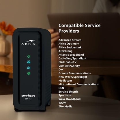 ARRIS (SB6183) -Cable Modem - Fast DOCSIS 3.0 16x4 Gigabit, [Check with your provider for compatibility], 1 Gbps Port, 400 Mbps Max Internet Speed, 2 Year Warranty