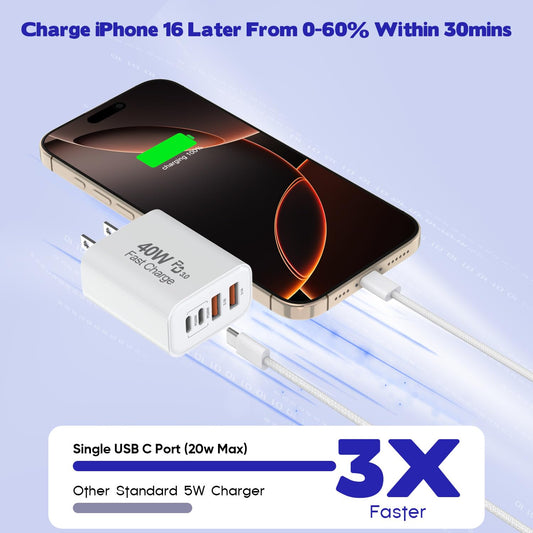 10FT iPhone 17 16 15 Pro Charger,2Pack 10Foot USB C to C Woven Cable Cord 40W USB C Apple Charger 4 Port PD&AC Charge Block Fast Charging for iPhone 17 Air/17 16 15 Pro Max/16e/16 Plus/15/15 Pro/iPad