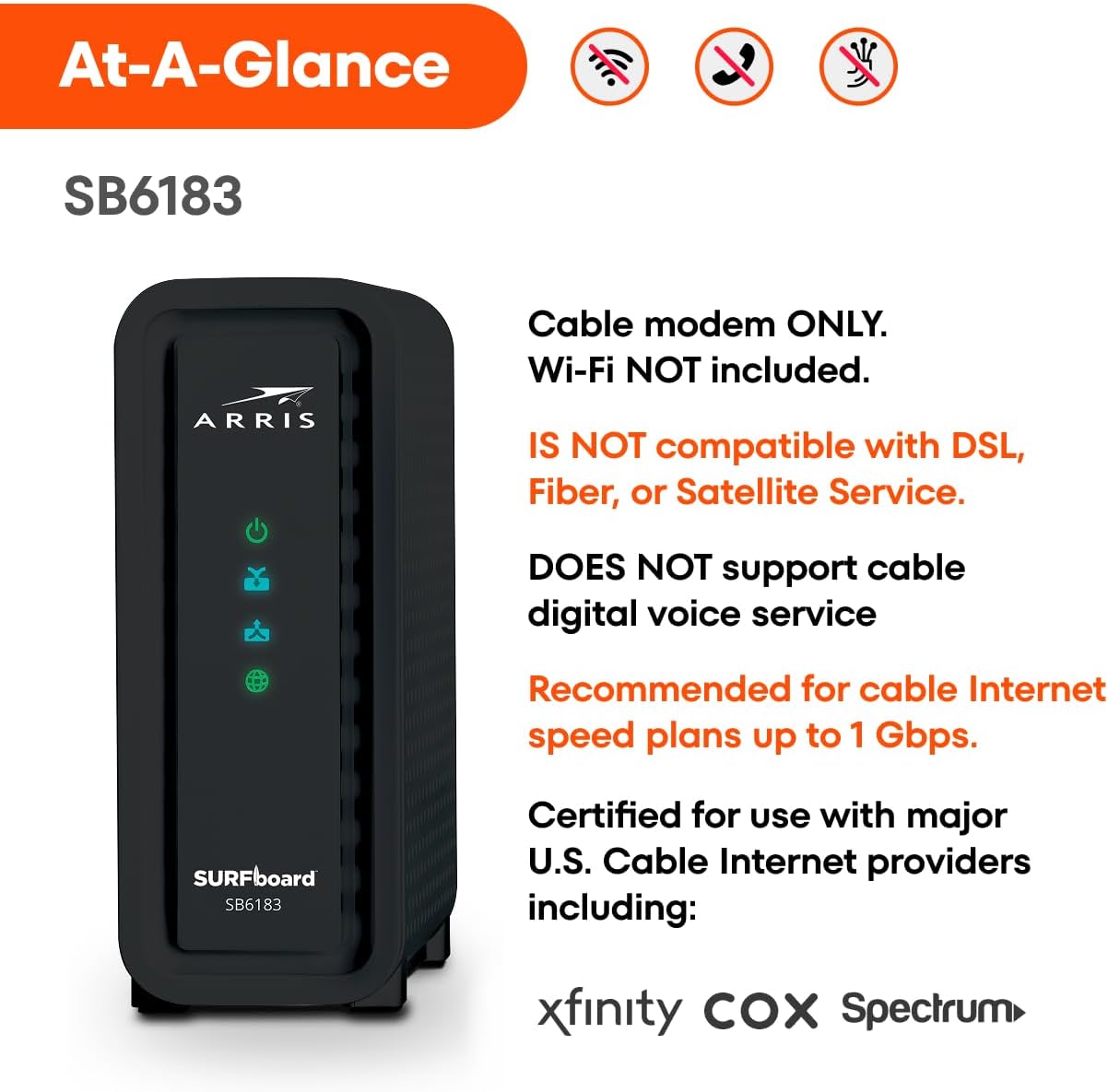 ARRIS (SB6183) -Cable Modem - Fast DOCSIS 3.0 16x4 Gigabit, [Check with your provider for compatibility], 1 Gbps Port, 400 Mbps Max Internet Speed, 2 Year Warranty