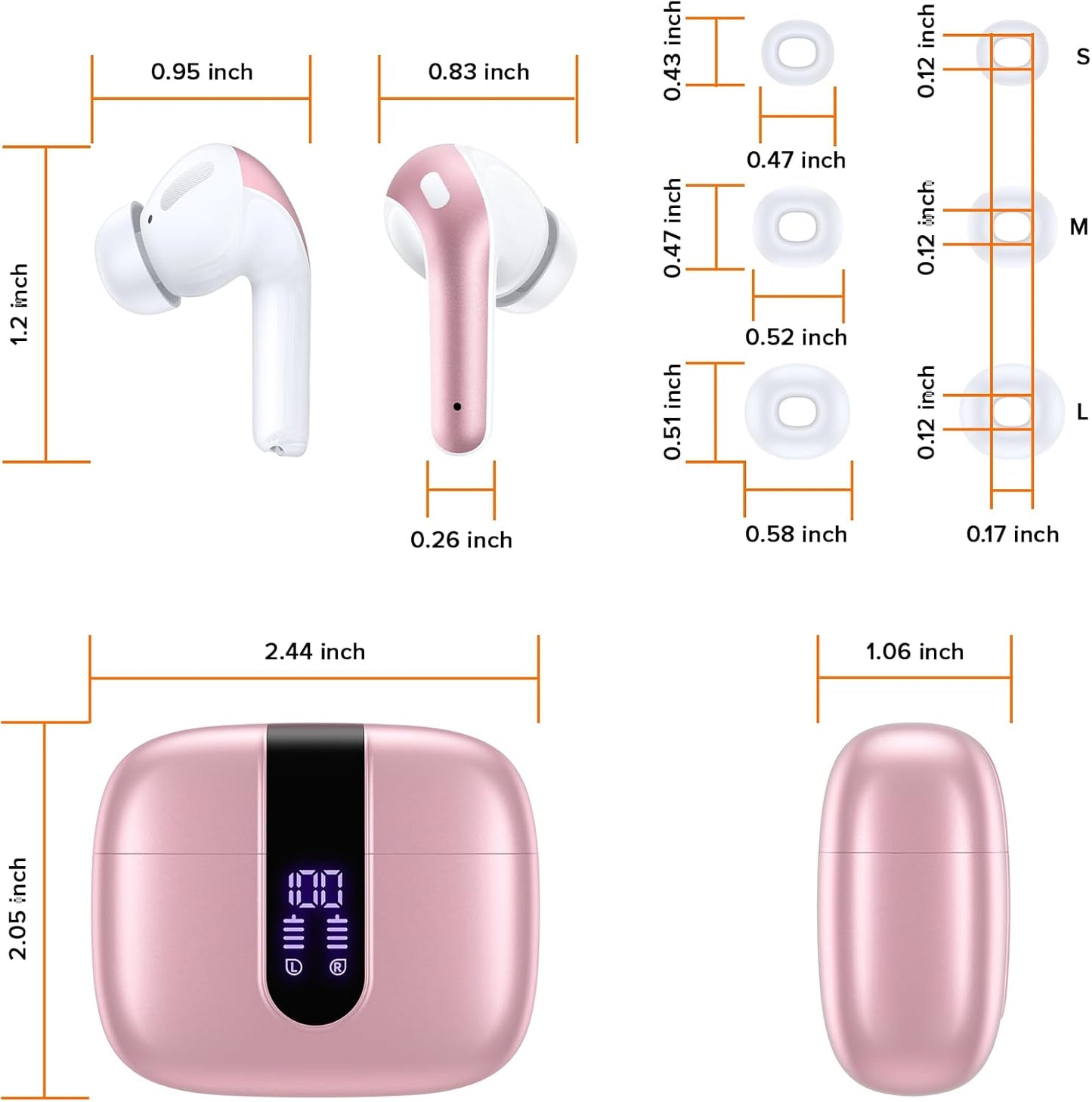 TAGRY Bluetooth Headphones True Wireless Earbuds 60H Playback LED Power Display Earphones with Wireless Charging Case IPX5 Waterproof in-Ear Ear buds with Mic for TV Smart Phone Laptop Computer Sports