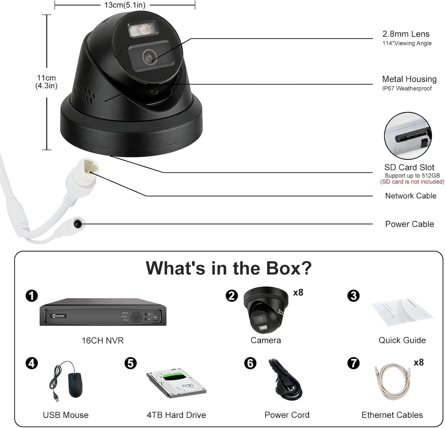 【Active Deterrent & 2-Way Audio】Anpviz 16CH PoE Security Camera System, 8X 5MP Wired IP Turret Cameras Outdoor Black, 12MP NVR with 4TB HDD, Human/Vehicle Detection, Plug&Play for Business (H Series)