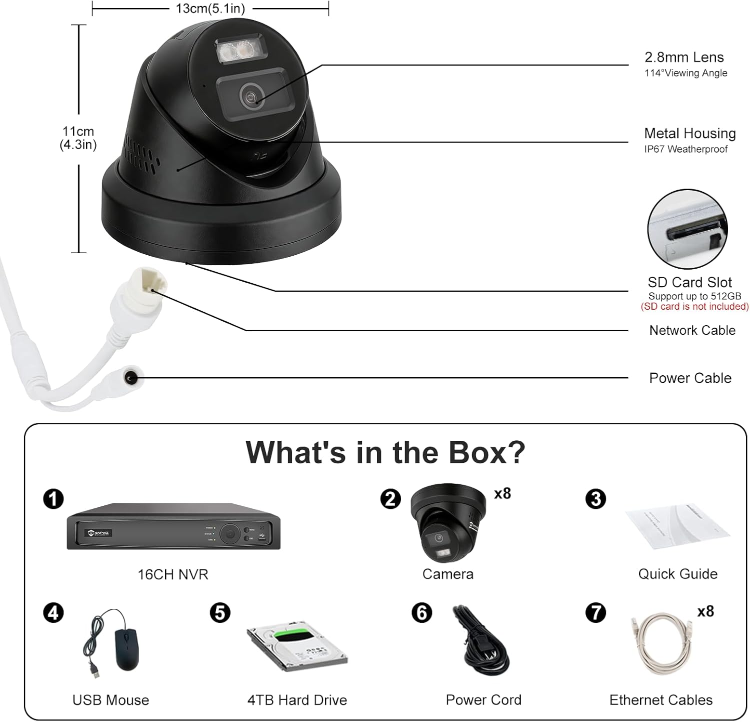 【Active Deterrent & 2-Way Audio】Anpviz 16CH PoE Security Camera System, 8X 5MP Wired IP Turret Cameras Outdoor Black, 12MP NVR with 4TB HDD, Human/Vehicle Detection, Plug&Play for Business (H Series)