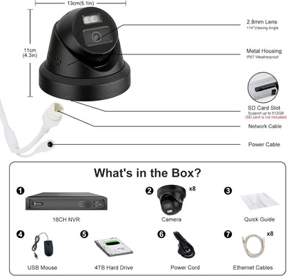 【Active Deterrent & 2-Way Audio】Anpviz 16CH PoE Security Camera System, 8X 5MP Wired IP Turret Cameras Outdoor Black, 12MP NVR with 4TB HDD, Human/Vehicle Detection, Plug&Play for Business (H Series)