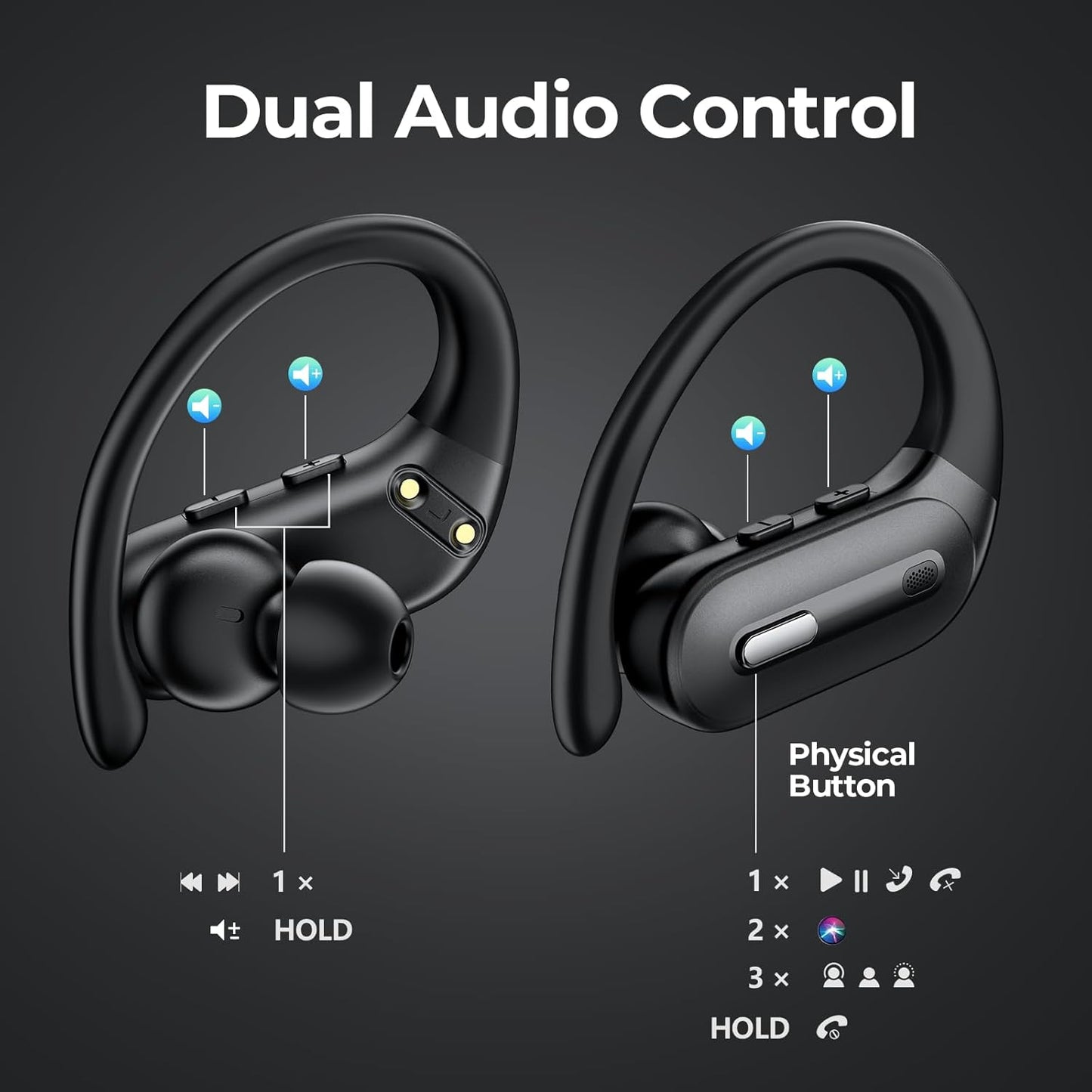 Active Noise Cancelling Bluetooth Headphones Wireless Earbuds 90 Hrs Playtime Ear Buds with Hi-Res Stereo Deep Bass Power Display Earphones with Earhooks Waterproof Transparency Headset Sports/Running