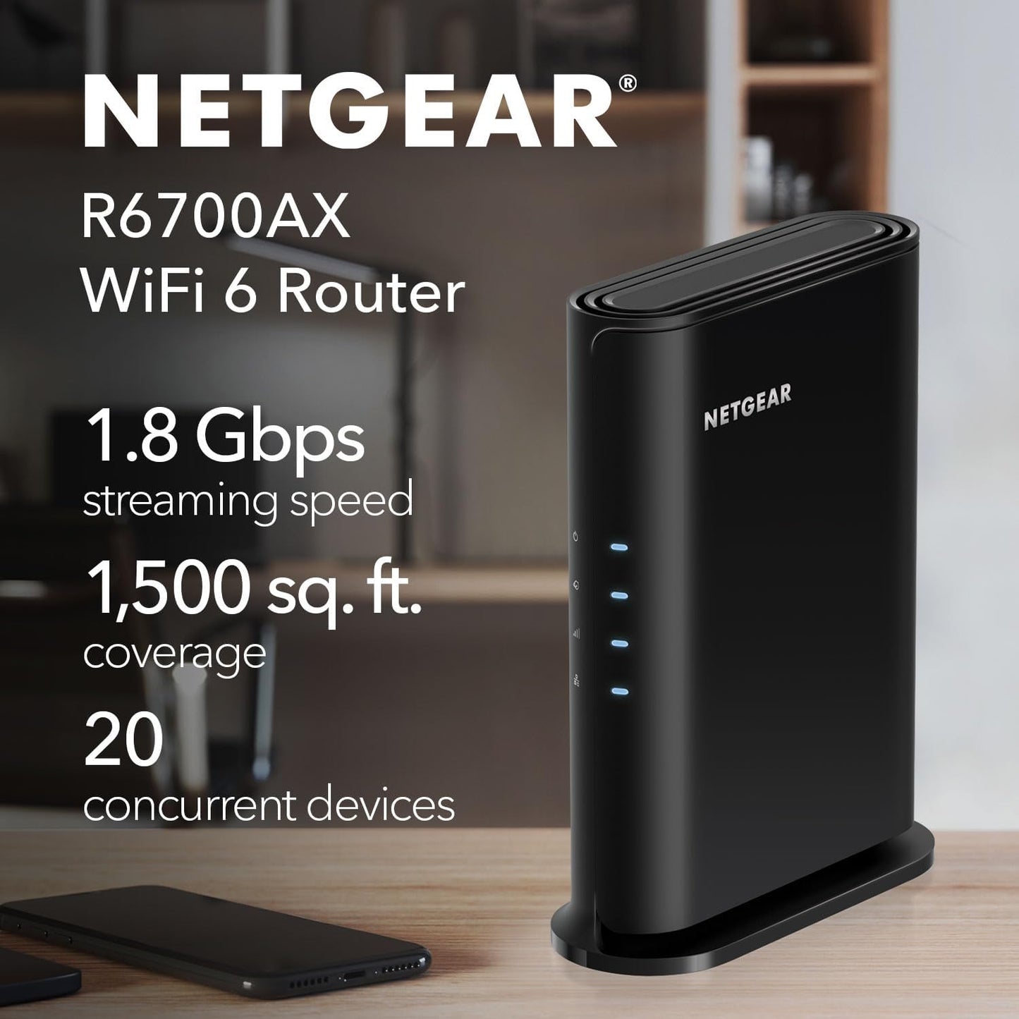 NETGEAR WiFi 6 Router 4-Stream (R6700AX) – Router Only, AX1800 Wireless Speed (Up to 1.8 Gbps), Covers up to 1,500 sq. ft., 20 Devices – Free Expert Help, Dual-Band