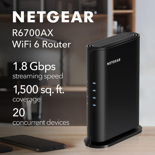 NETGEAR WiFi 6 Router 4-Stream (R6700AX) – Router Only, AX1800 Wireless Speed (Up to 1.8 Gbps), Covers up to 1,500 sq. ft., 20 Devices – Free Expert Help, Dual-Band