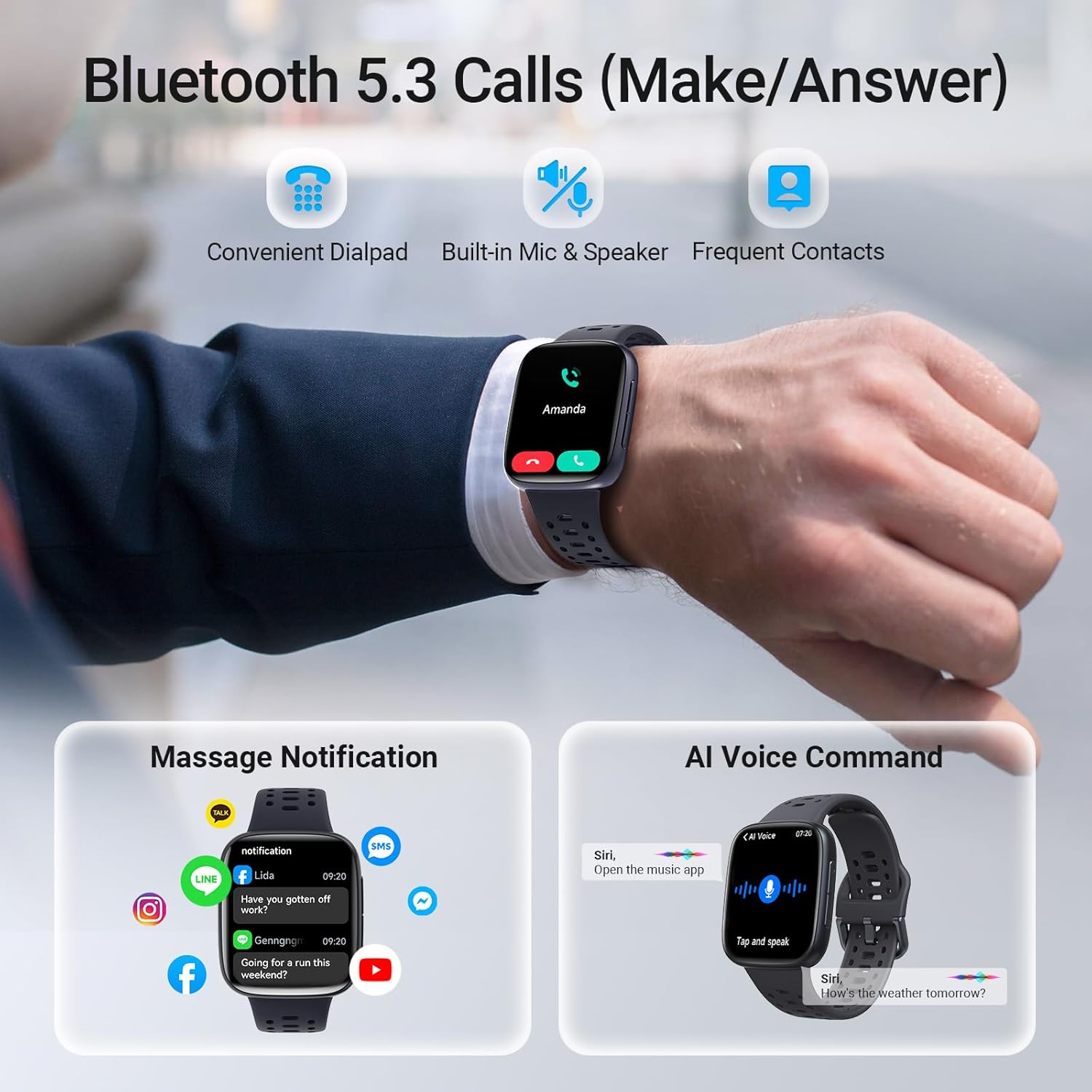Smart Watches for Men Android iPhone (2 Bands), [1.85" AMOLED Screen] Smartwatch Fitness Tracker 3ATM Waterproof with Bluetooth Calls, AI Control, Heart Rate/SpO2/Sleep Monitor, 7 Days Battery