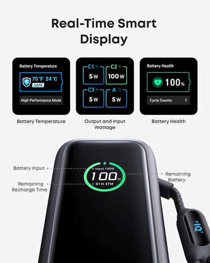 Anker Laptop Power Bank, 25,000mAh Portable Charger with Triple 100W USB-C Ports, Built-in Retractable Cables, Flight-Approved for Travel, iPhone 17/16 Series, MacBook, Samsung, and More