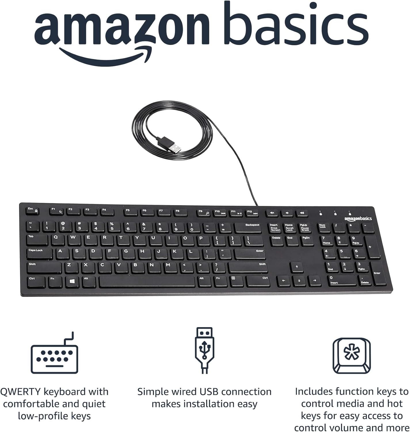 Amazon Basics Wired QWERTY Keyboard, Works with Windows, Plug and Play, Easy to Use with Media Control, Full-Sized, Black