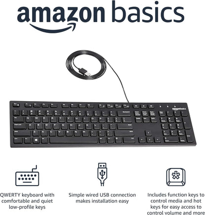 Amazon Basics Wired QWERTY Keyboard, Works with Windows, Plug and Play, Easy to Use with Media Control, Full-Sized, Black