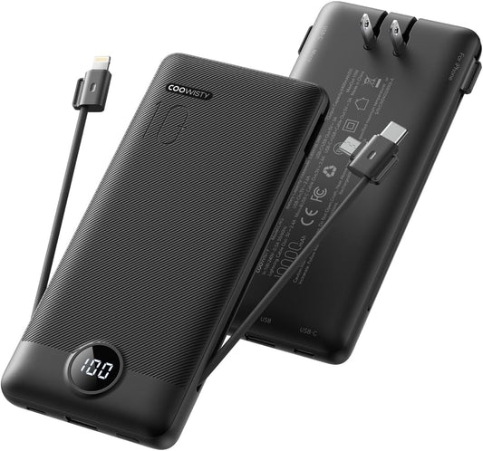 Portable Charger with Wall Plug, Slim USB C Power Bank with Built-in Cables, 10000mah LED Display External Battery Pack Compatible with iPhone/Android & More (Black)