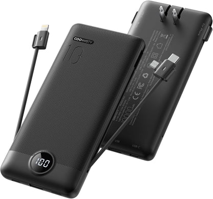 Portable Charger with Wall Plug, Slim USB C Power Bank with Built-in Cables, 10000mah LED Display External Battery Pack Compatible with iPhone/Android & More (Black)